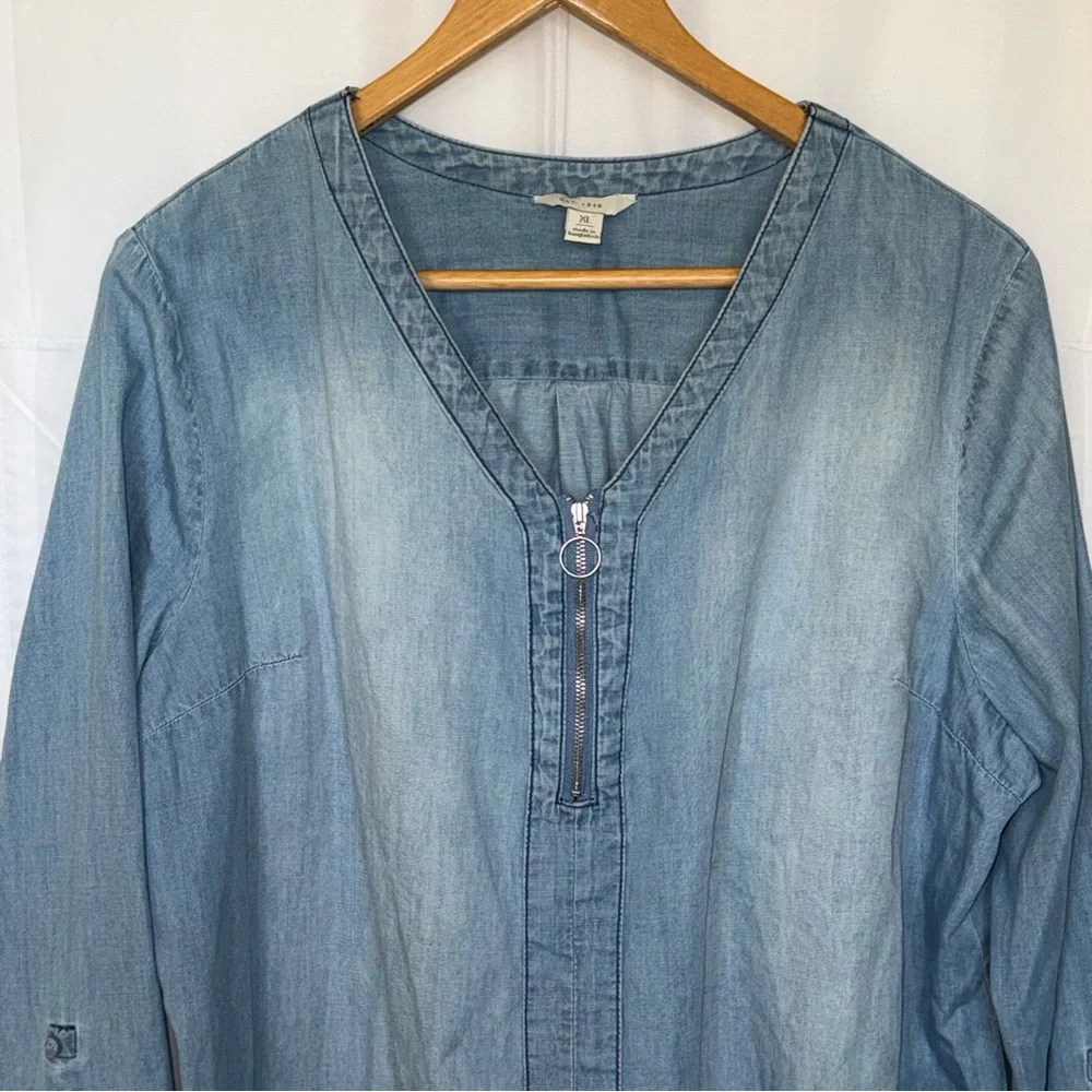 Est 1946 chambray popover zip V-neck roll tab sleeves (flawed) XL - Picture 4 of 12